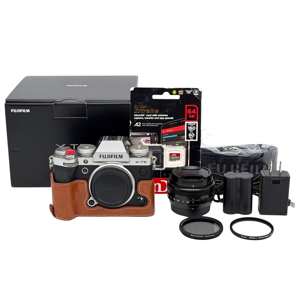 Fujifilm X-T5 Mirrorless Camera Silver 18mm f2 R Lens Bundle 32k SC 64GB MicroSD